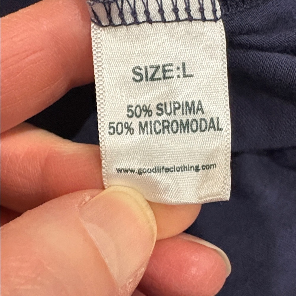 Goodlife Polo Shirt. Navy blue. Large. No buttons. Supima cotton - Picture 3 of 7